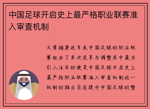 中国足球开启史上最严格职业联赛准入审查机制